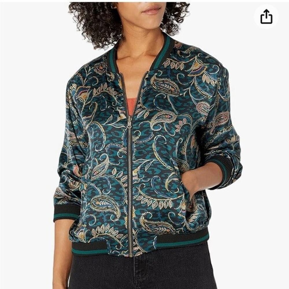 NWOT Johnny Was Workshop Twilight Shadow Reversible Silk Green Bomber Jacket MED